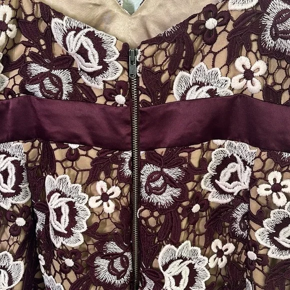 Bardot Dalia Burgundy Red Floral Asymmetrical Lace Dress – Size 12